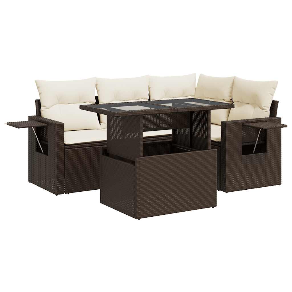 Set Divano da Giardino 5 pz con Cuscini Marrone in Polyrattan