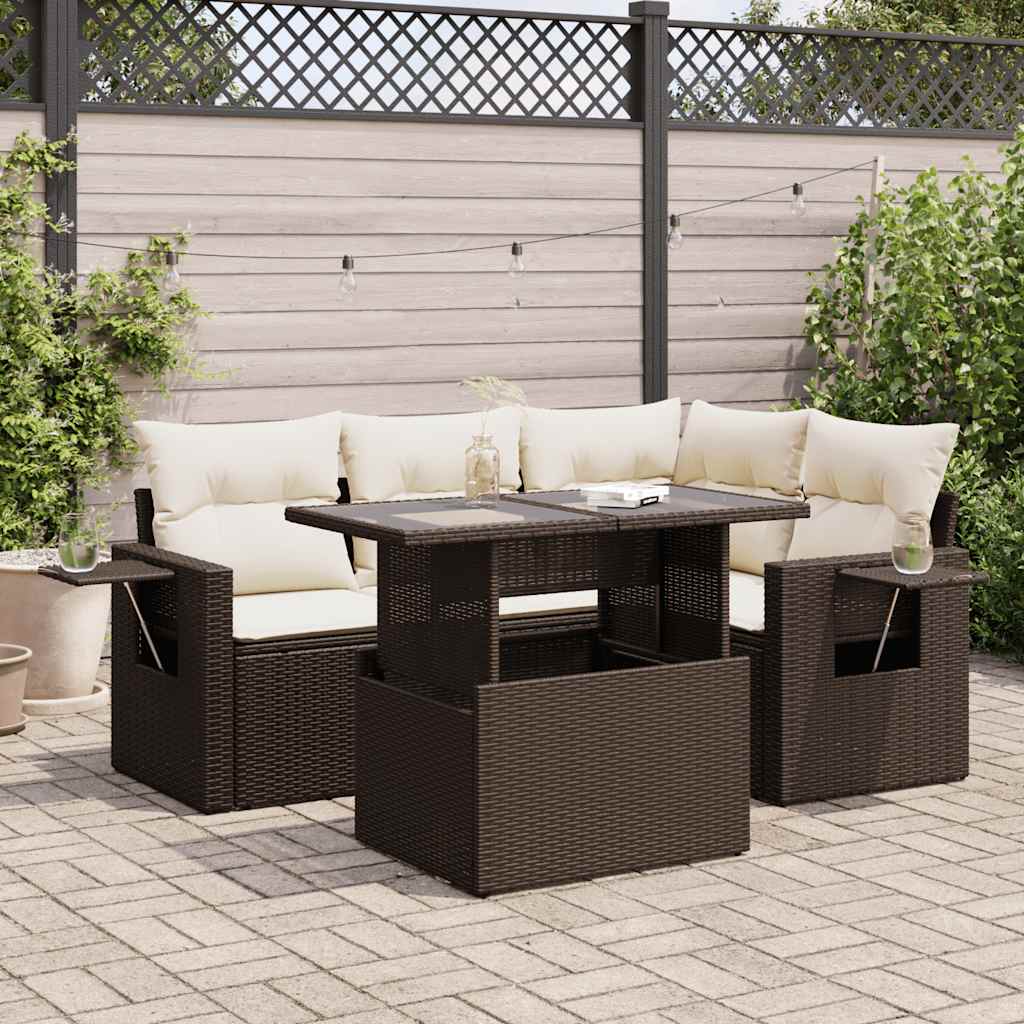 Set Divano da Giardino 5 pz con Cuscini Marrone in Polyrattan