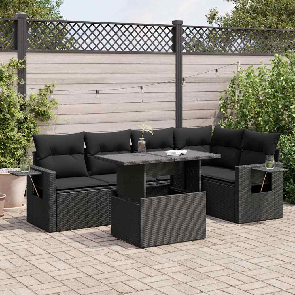 Set Divano da Giardino 6 pz con Cuscini Nero in Polyrattan