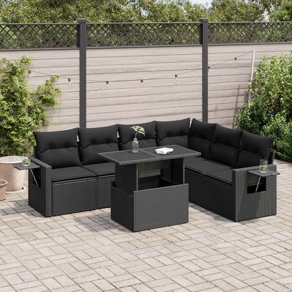 Set Divani da Giardino con Cuscini 7pz Nero Polyrattan