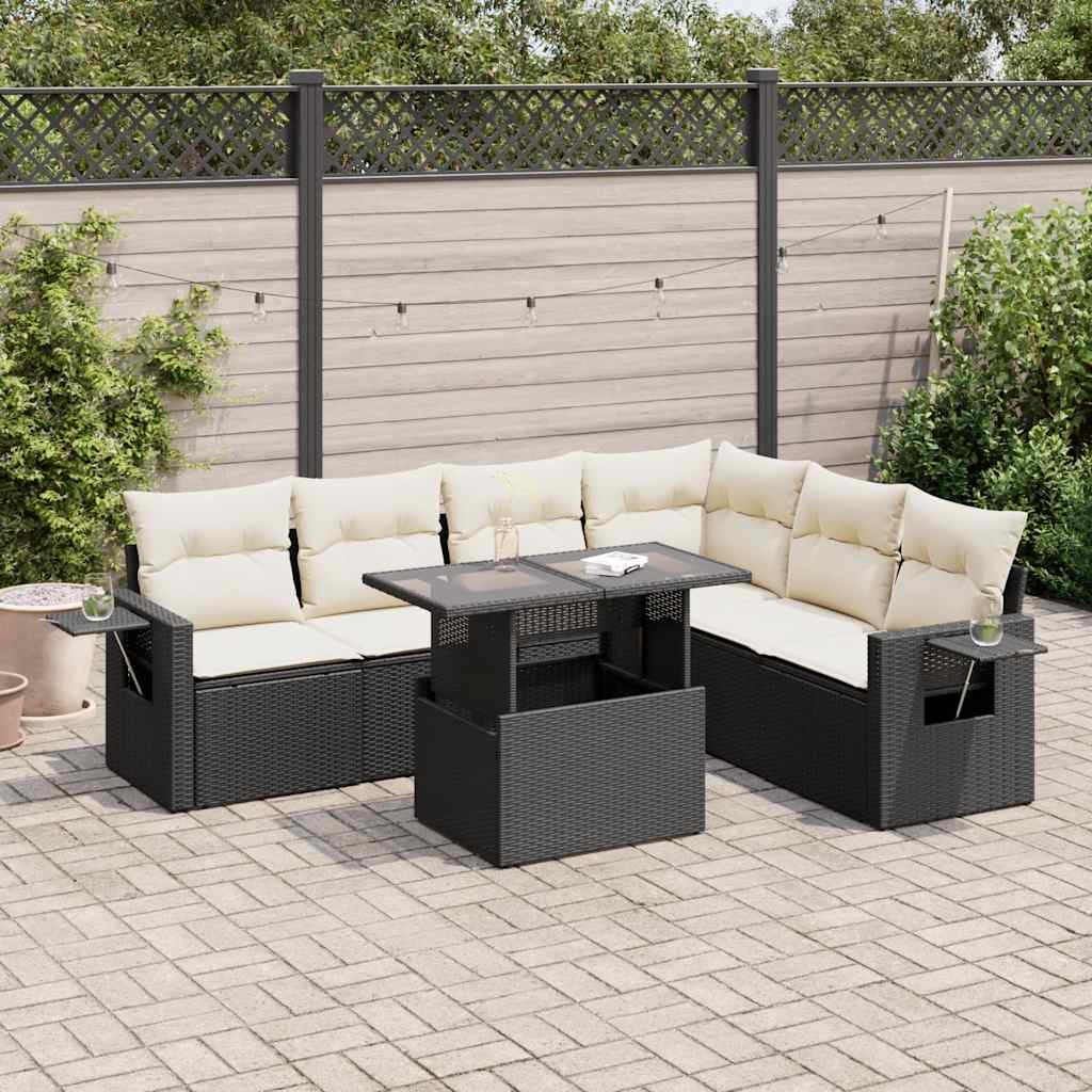 Set Divani da Giardino con Cuscini 7pz Nero Polyrattan