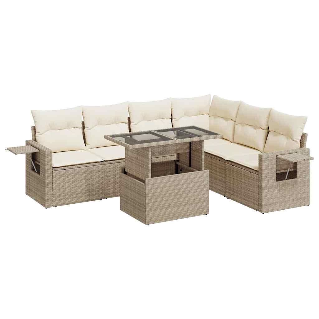 Set Divani da Giardino 7 pz con Cuscini Beige in Polyrattan