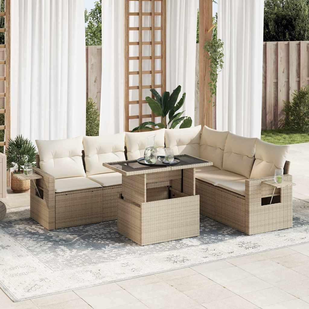 Set Divani da Giardino 7 pz con Cuscini Beige in Polyrattan