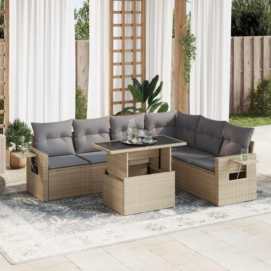 Set Divani da Giardino 7 pz con Cuscini Beige in Polyrattan