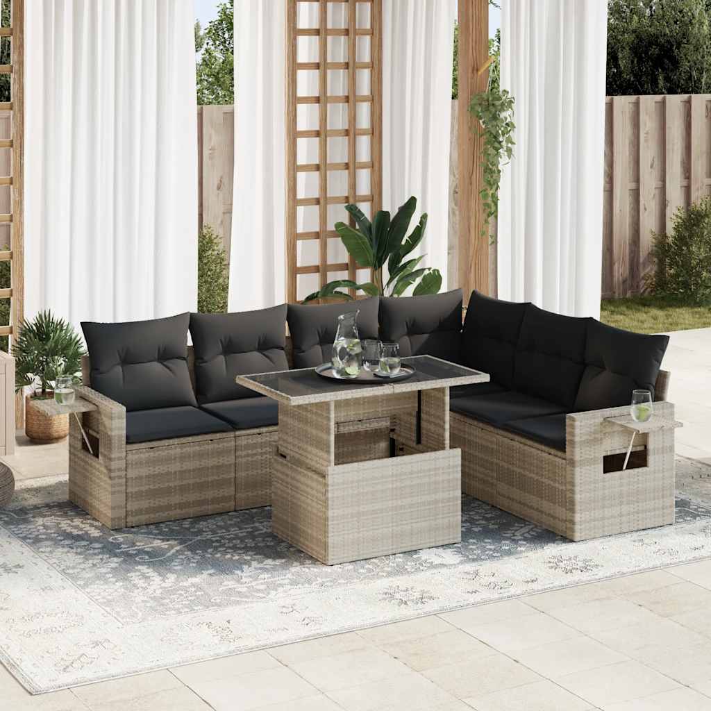 Set Divani da Giardino 7pz con Cuscini Grigio Chiaro Polyrattan