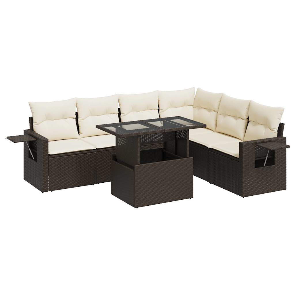 Set Divani da Giardino 7 pz con Cuscini Marrone in Polyrattan