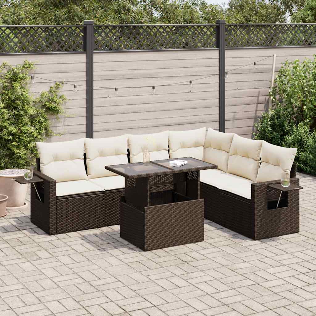 Set Divani da Giardino 7 pz con Cuscini Marrone in Polyrattan