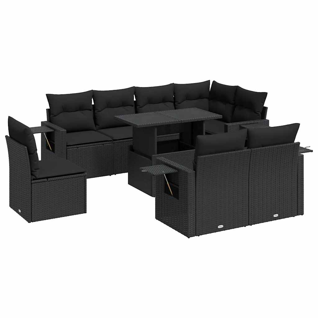 Set Divani da Giardino 9 pz con Cuscini Nero in Polyrattan