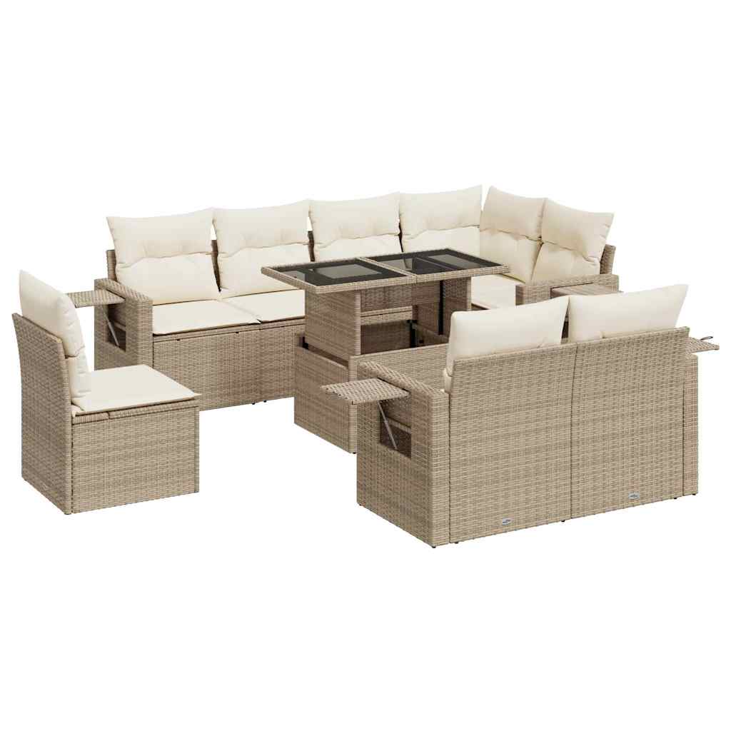 Set Divano da Giardino 9 pz con Cuscini Beige in Polyrattan