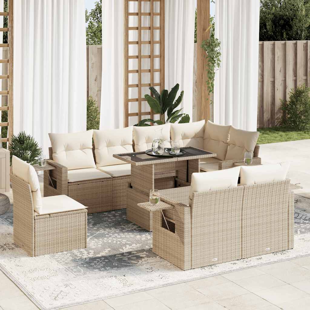 Set Divano da Giardino 9 pz con Cuscini Beige in Polyrattan