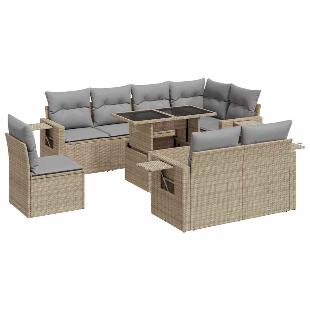 Set Divano da Giardino 9 pz con Cuscini Beige in Polyrattan