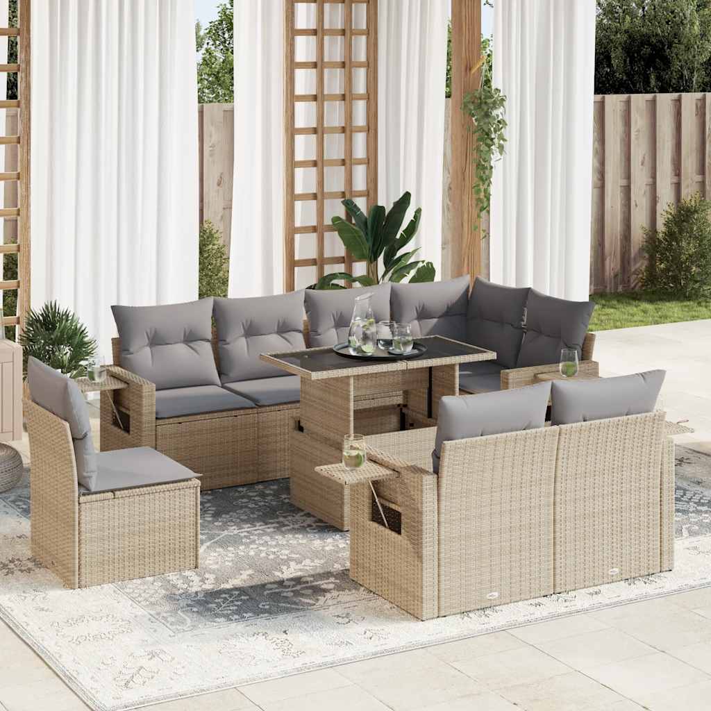 Set Divano da Giardino 9 pz con Cuscini Beige in Polyrattan