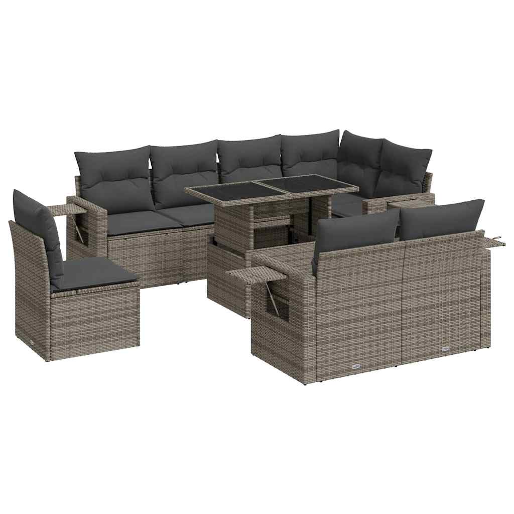 Set Divano da Giardino 9 pz con Cuscini Grigio in Polyrattan