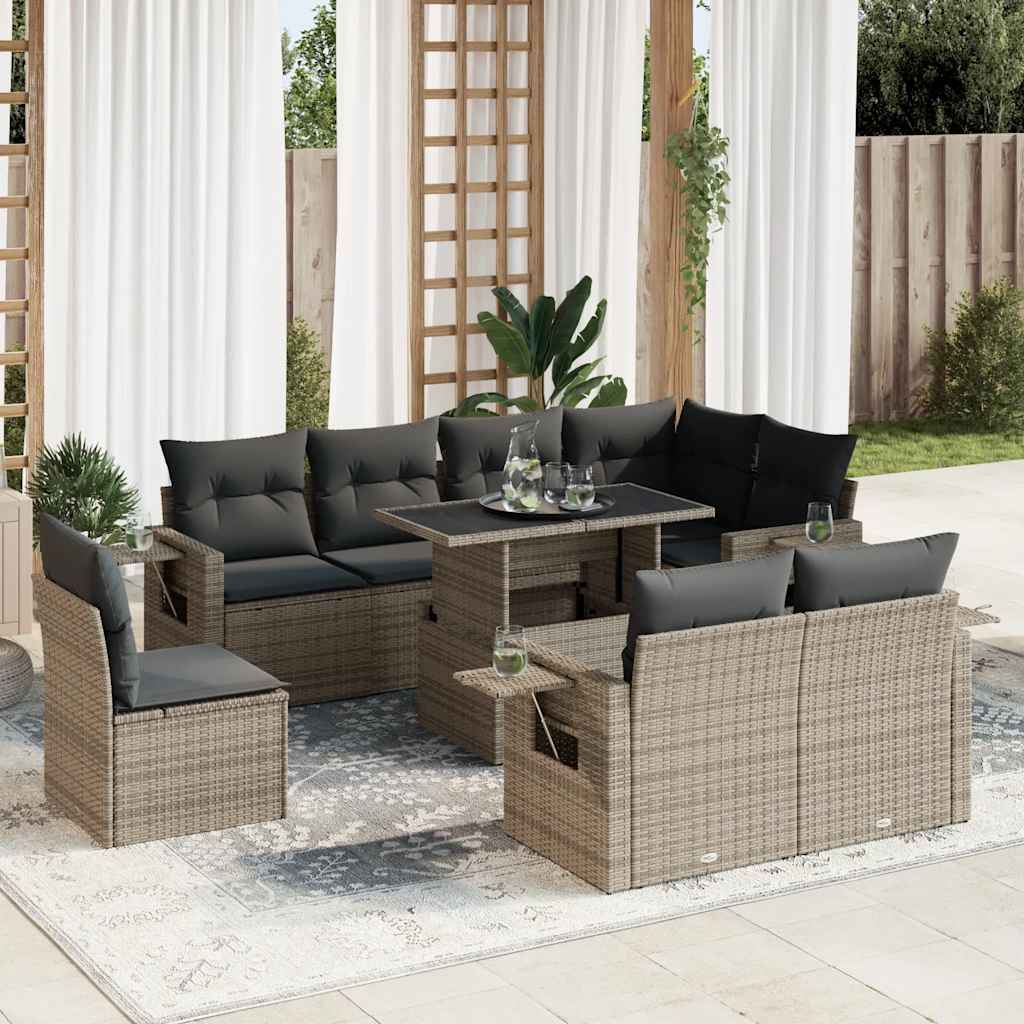 Set Divano da Giardino 9 pz con Cuscini Grigio in Polyrattan