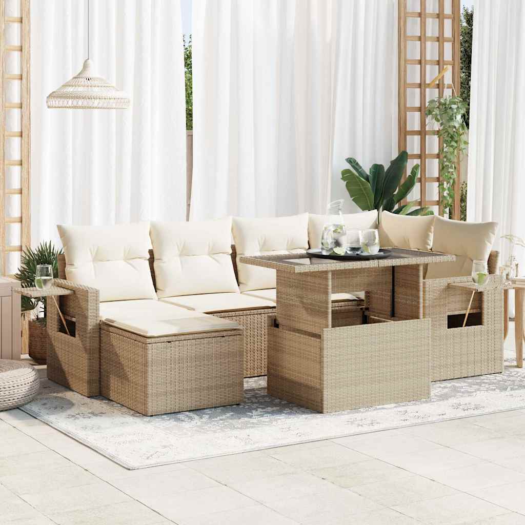 Set Divani da Giardino 7 pz con Cuscini Beige in Polyrattan