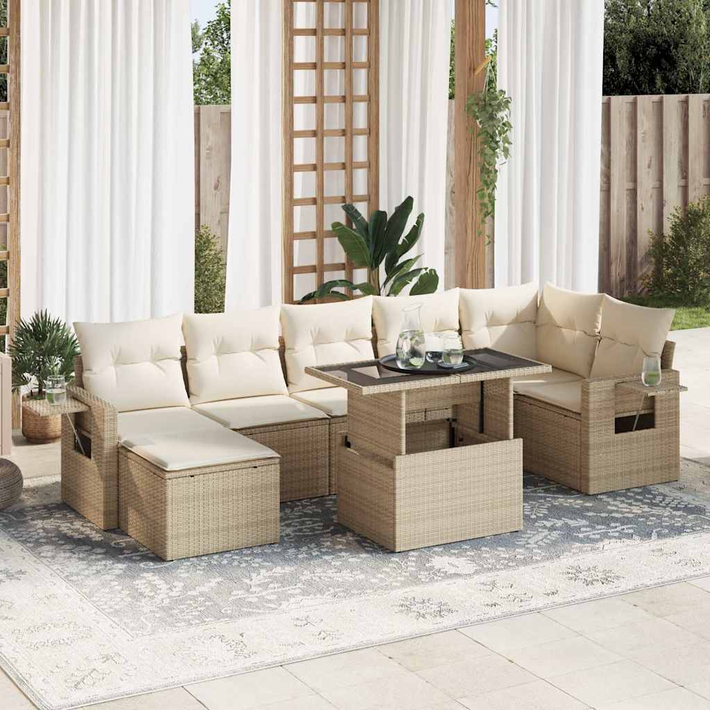 Set Divano da Giardino 8 pz con Cuscini Beige in Polyrattan