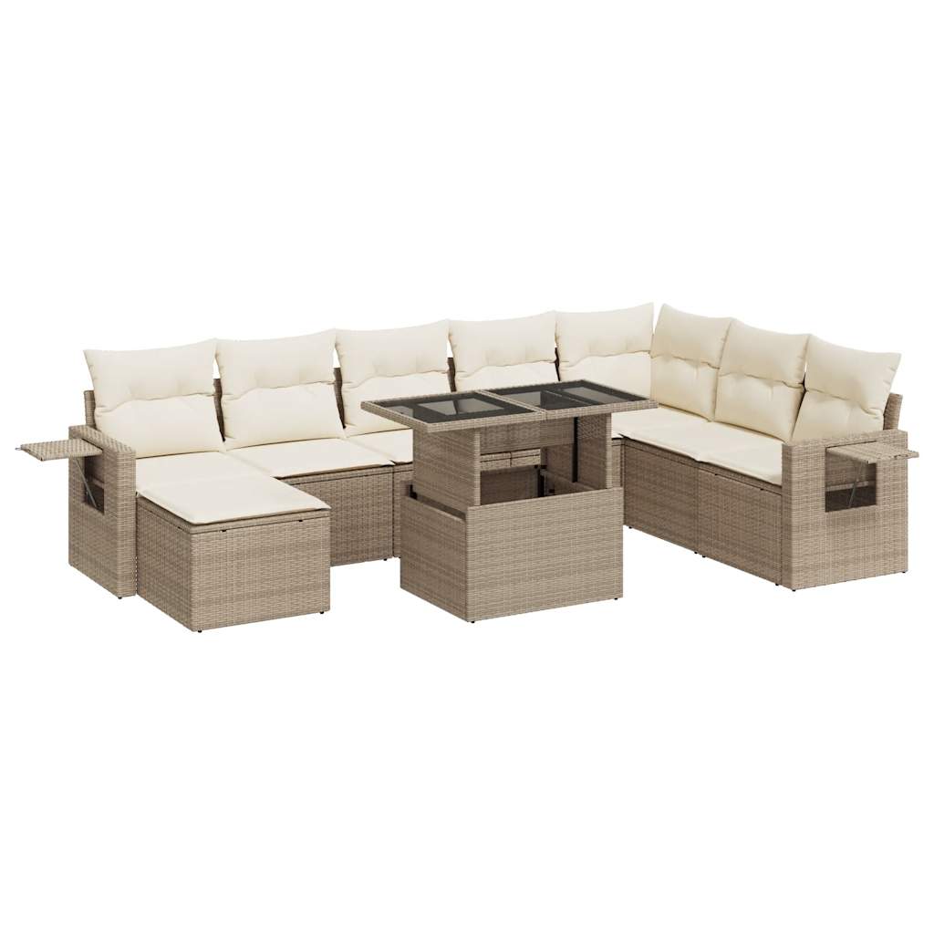 Set Divano da Giardino 9 pz con Cuscini Beige in Polyrattan