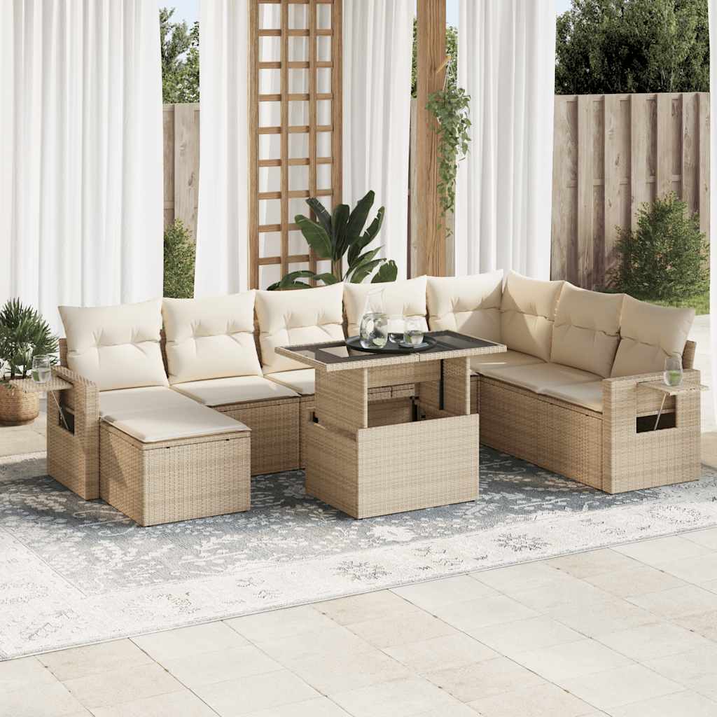 Set Divano da Giardino 9 pz con Cuscini Beige in Polyrattan