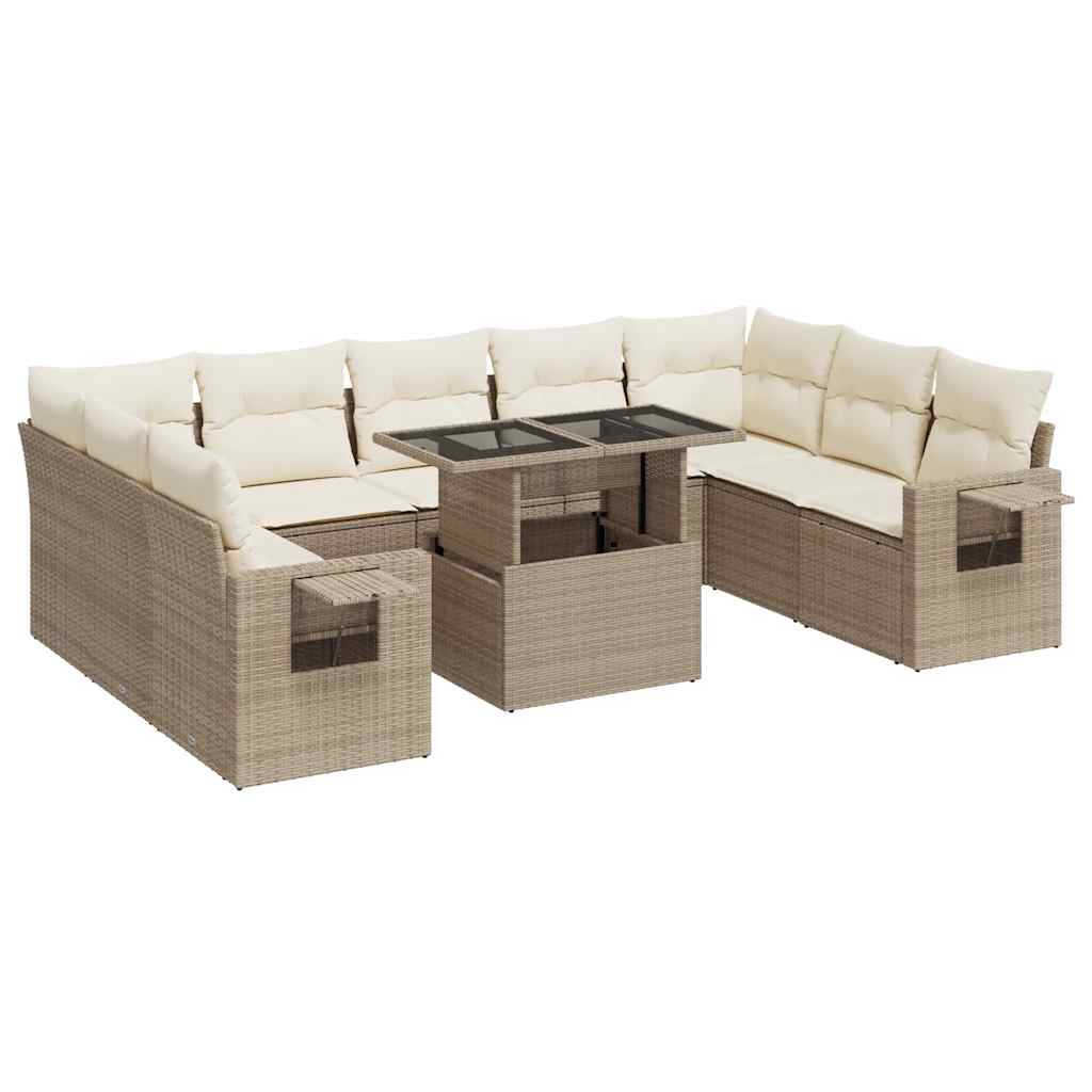 Set Divano da Giardino 10 pz con Cuscini Beige in Polyrattan