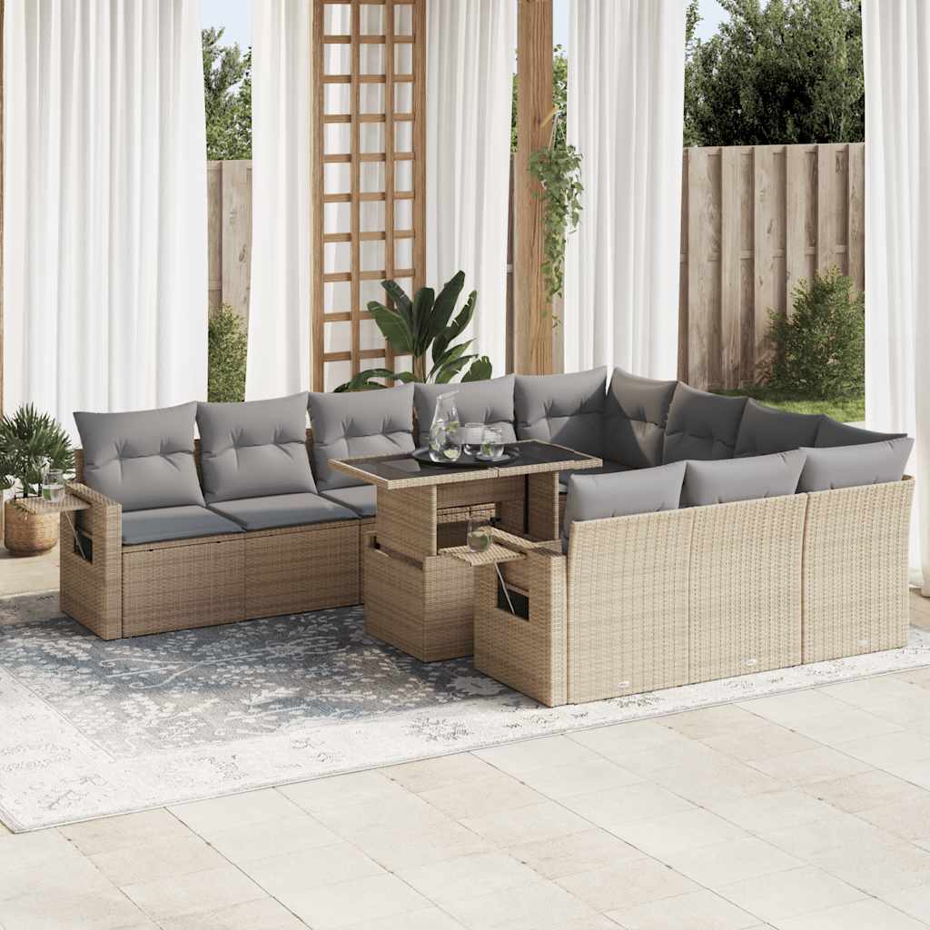 Set Divani da Giardino 11 pz con Cuscini Beige in Polyrattan