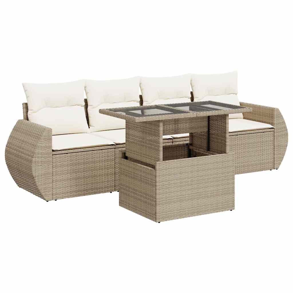 Set Divano da Giardino 5 pz con Cuscini Beige in Polyrattan