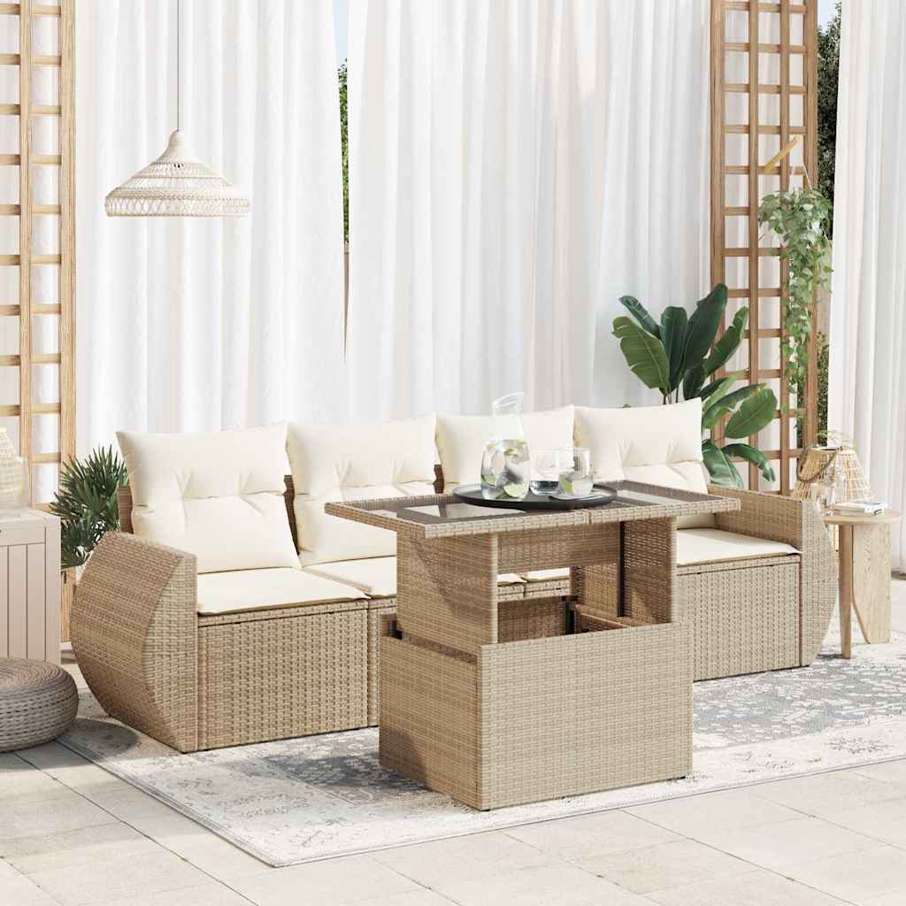 Set Divano da Giardino 5 pz con Cuscini Beige in Polyrattan