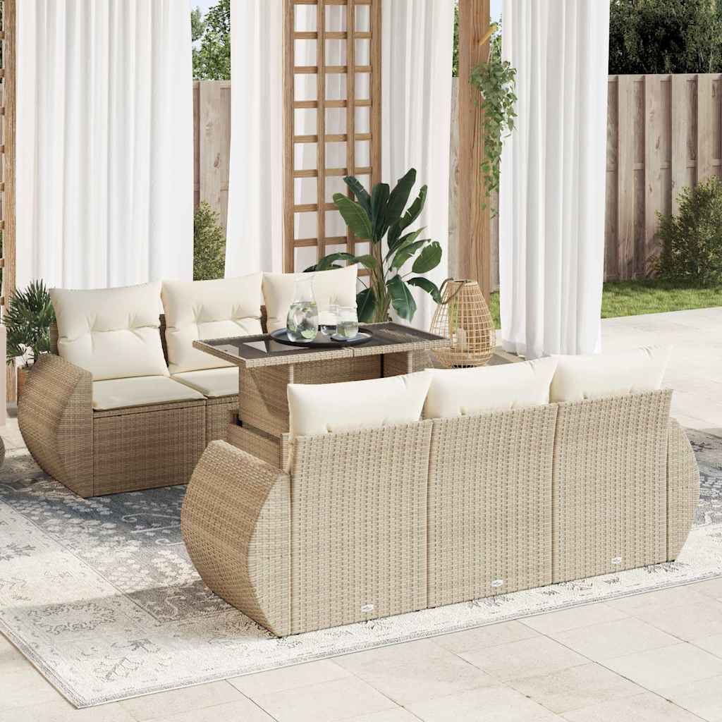 Set Divani da Giardino 7 pz con Cuscini Beige in Polyrattan