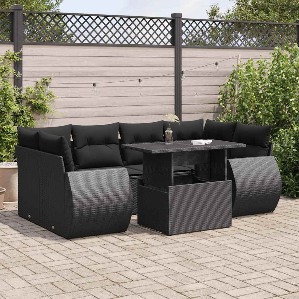 Set Divani da Giardino con Cuscini 7pz Nero Polyrattan