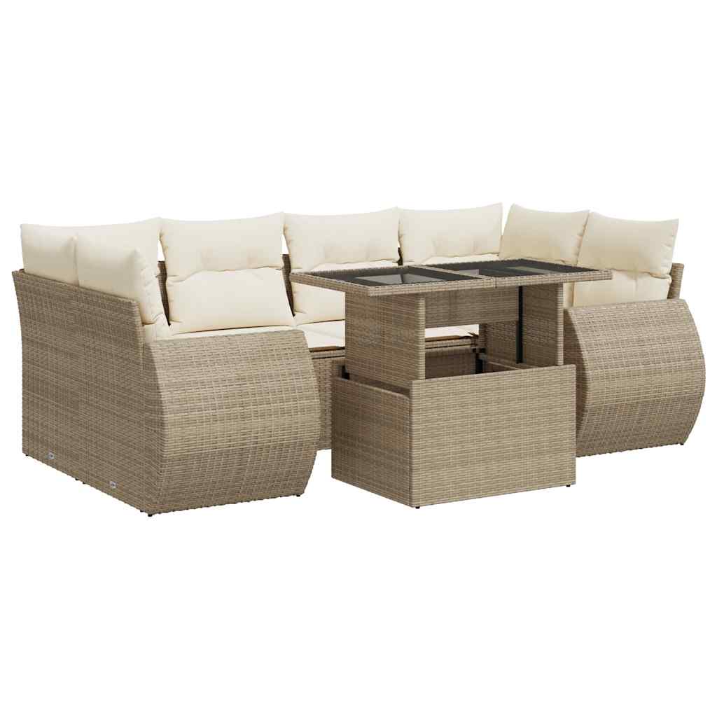 Set Divani da Giardino 7 pz con Cuscini Beige in Polyrattan