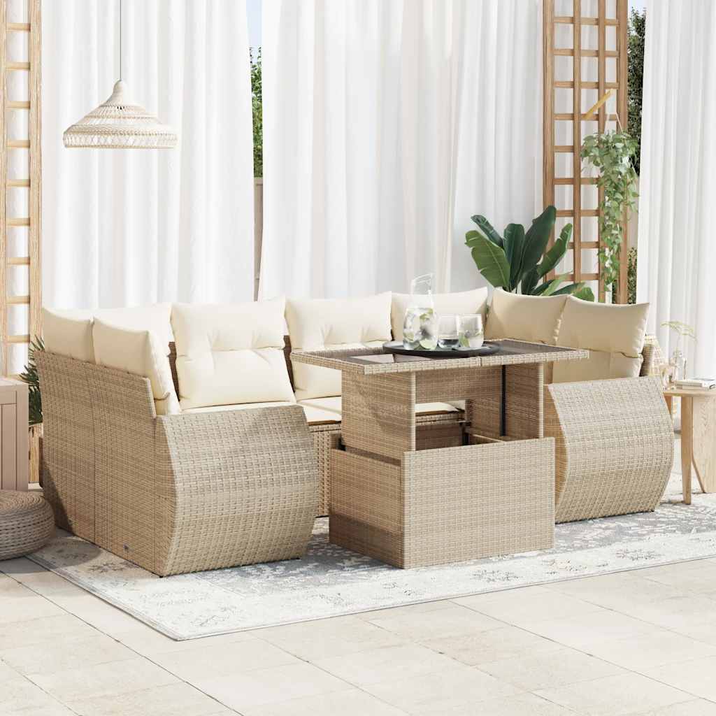 Set Divani da Giardino 7 pz con Cuscini Beige in Polyrattan