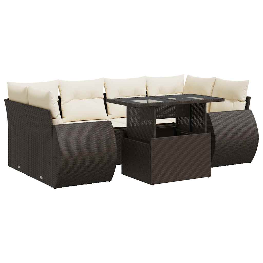 Set Divani da Giardino 7 pz con Cuscini Marrone in Polyrattan