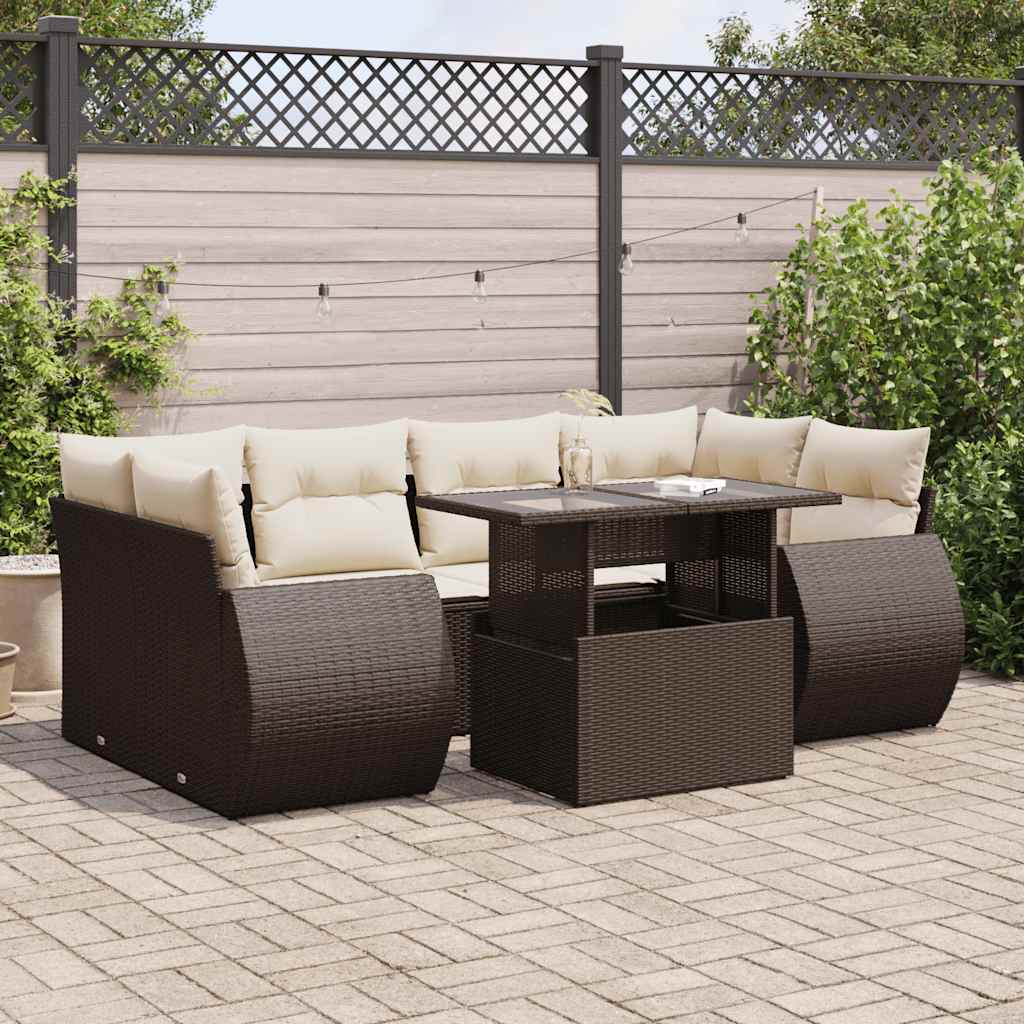 Set Divani da Giardino 7 pz con Cuscini Marrone in Polyrattan