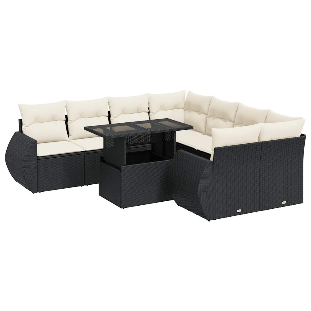 Set Divani da Giardino 9 pz con Cuscini Nero in Polyrattan