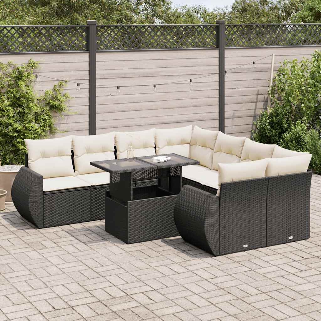 Set Divani da Giardino 9 pz con Cuscini Nero in Polyrattan