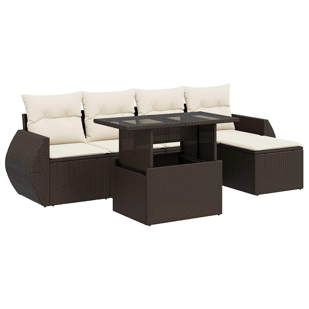 Set Divano da Giardino 6 pz con Cuscini Marrone in Polyrattan