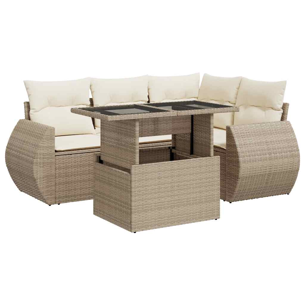 Set Divano da Giardino 5 pz con Cuscini Beige in Polyrattan