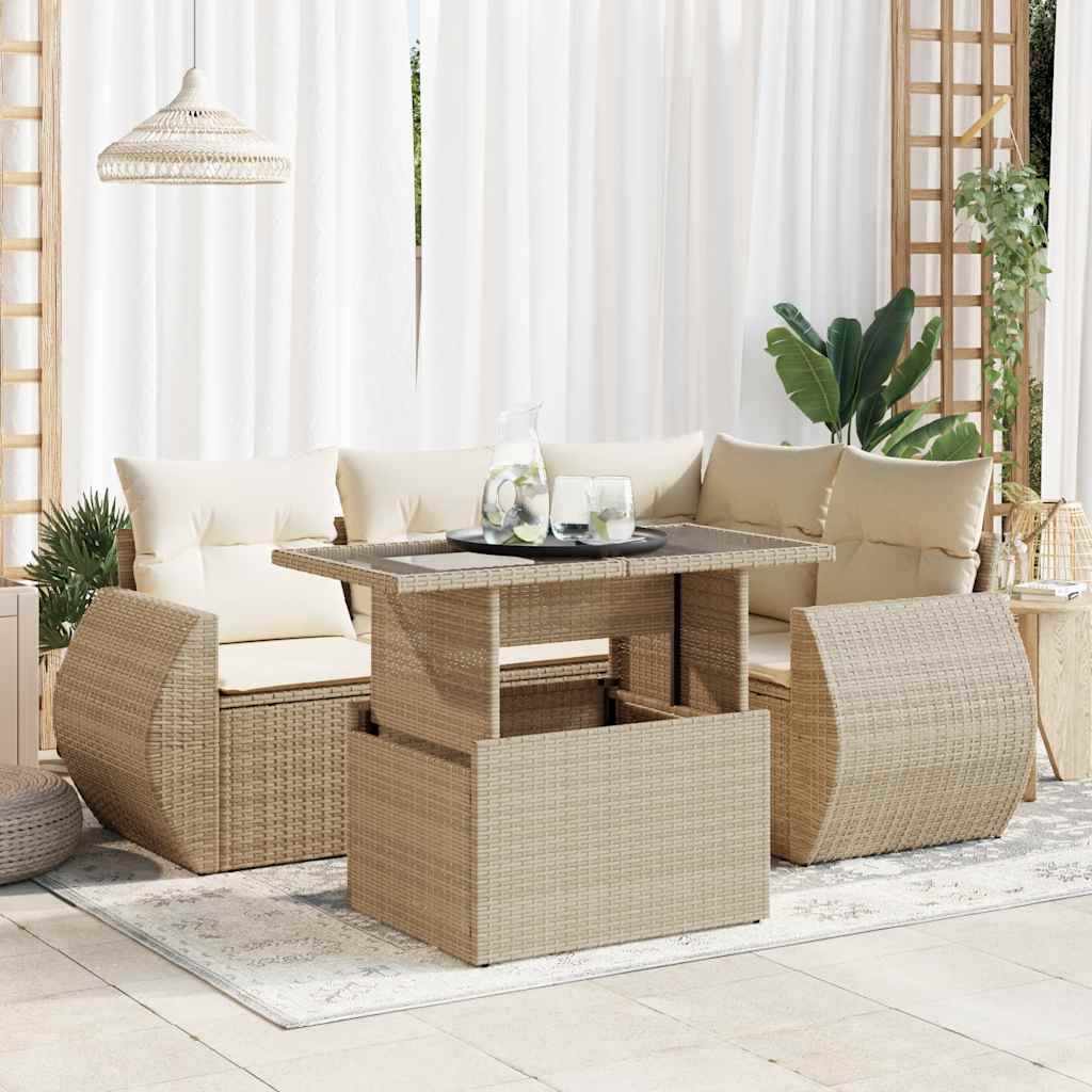 Set Divano da Giardino 5 pz con Cuscini Beige in Polyrattan