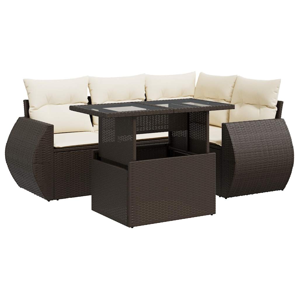 Set Divano da Giardino 5 pz con Cuscini Marrone in Polyrattan