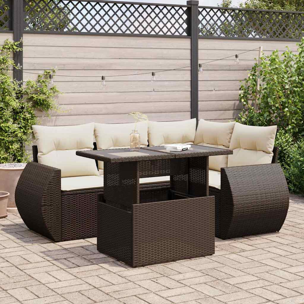 Set Divano da Giardino 5 pz con Cuscini Marrone in Polyrattan