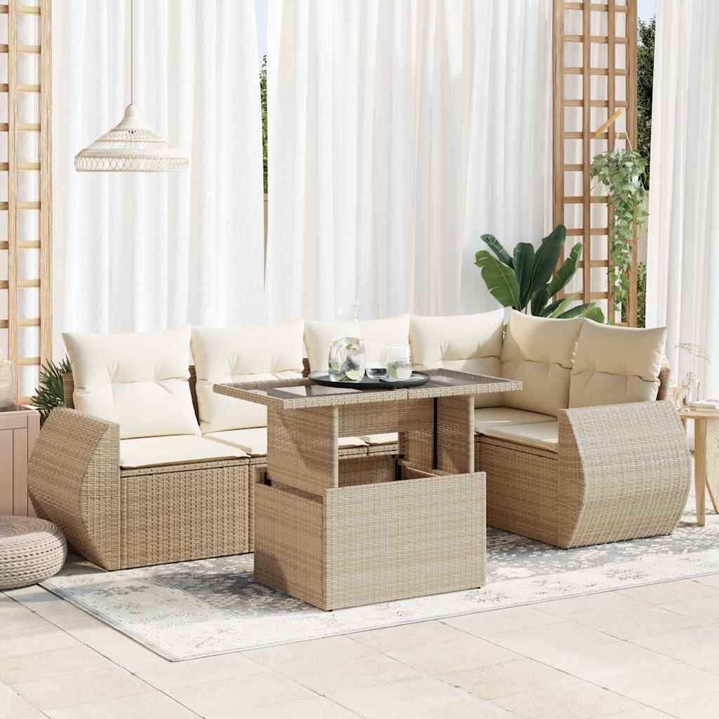 Set Divano da Giardino 6 pz con Cuscini Beige in Polyrattan