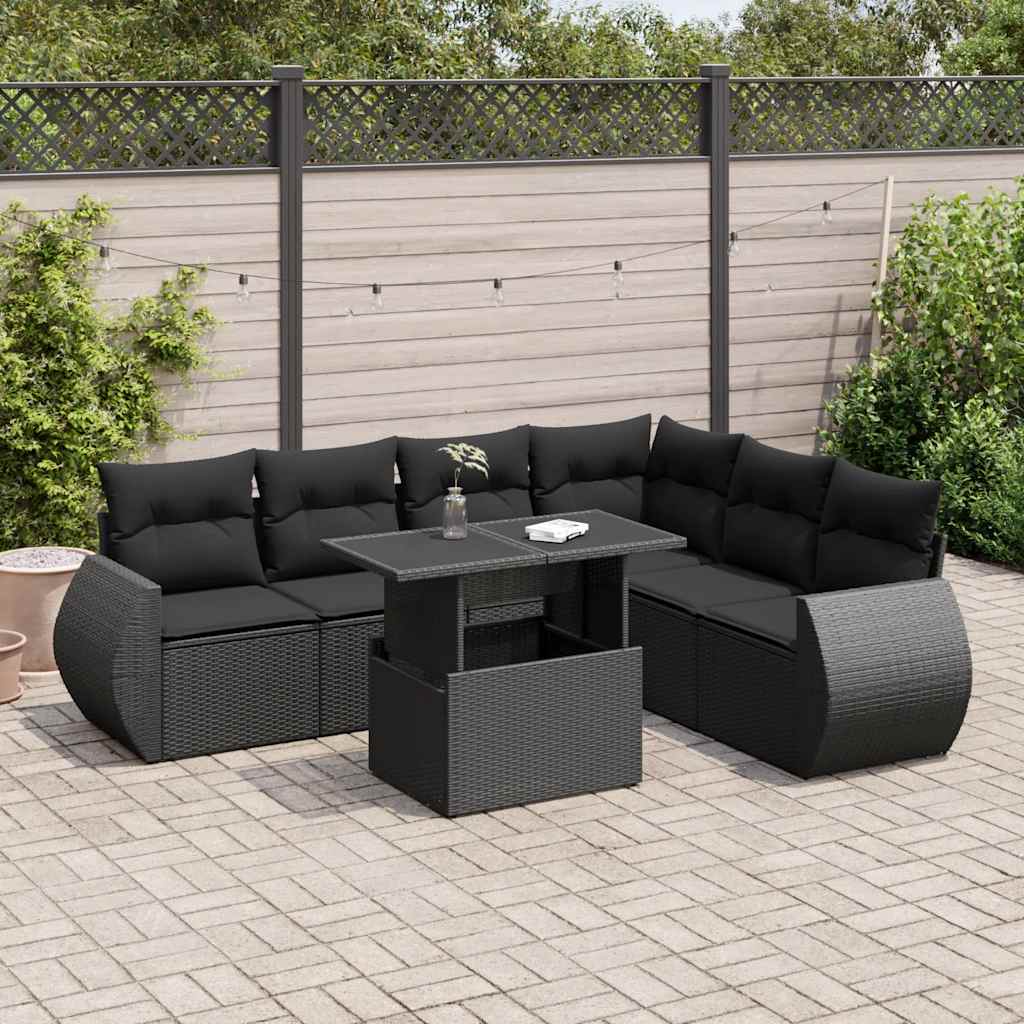 Set Divani da Giardino con Cuscini 7pz Nero Polyrattan