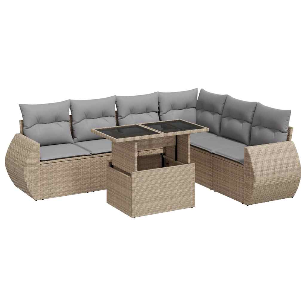 Set Divani da Giardino 7 pz con Cuscini Beige in Polyrattan