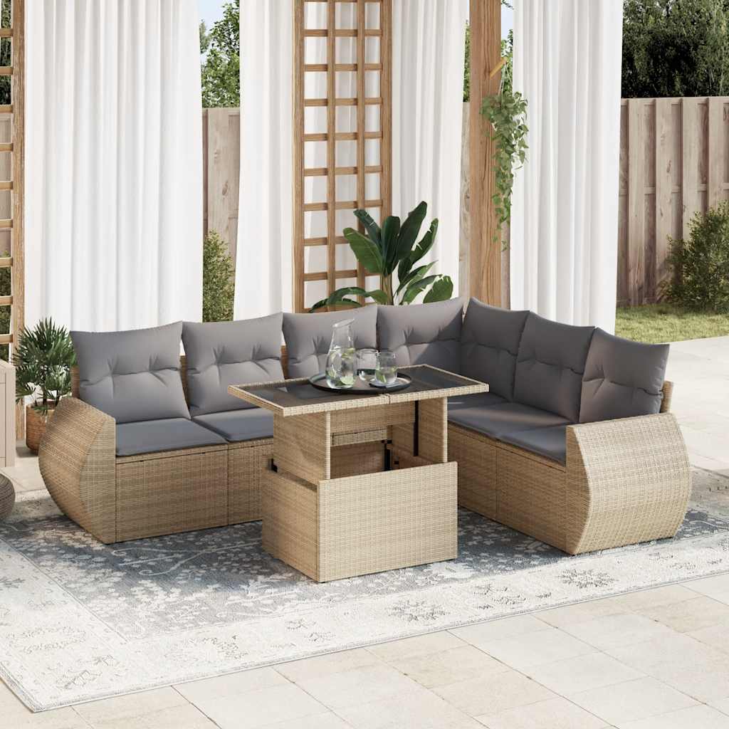 Set Divani da Giardino 7 pz con Cuscini Beige in Polyrattan