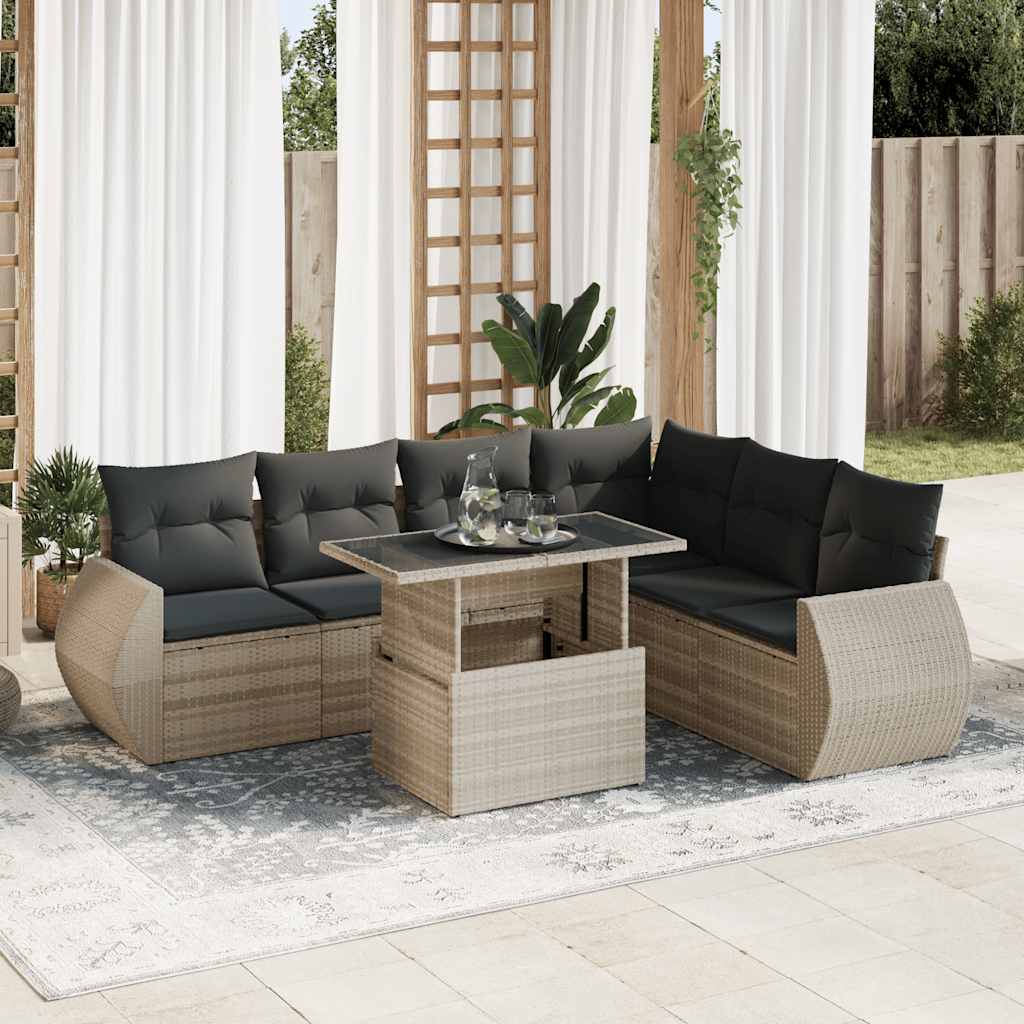 Set Divani da Giardino 7pz con Cuscini Grigio Chiaro Polyrattan