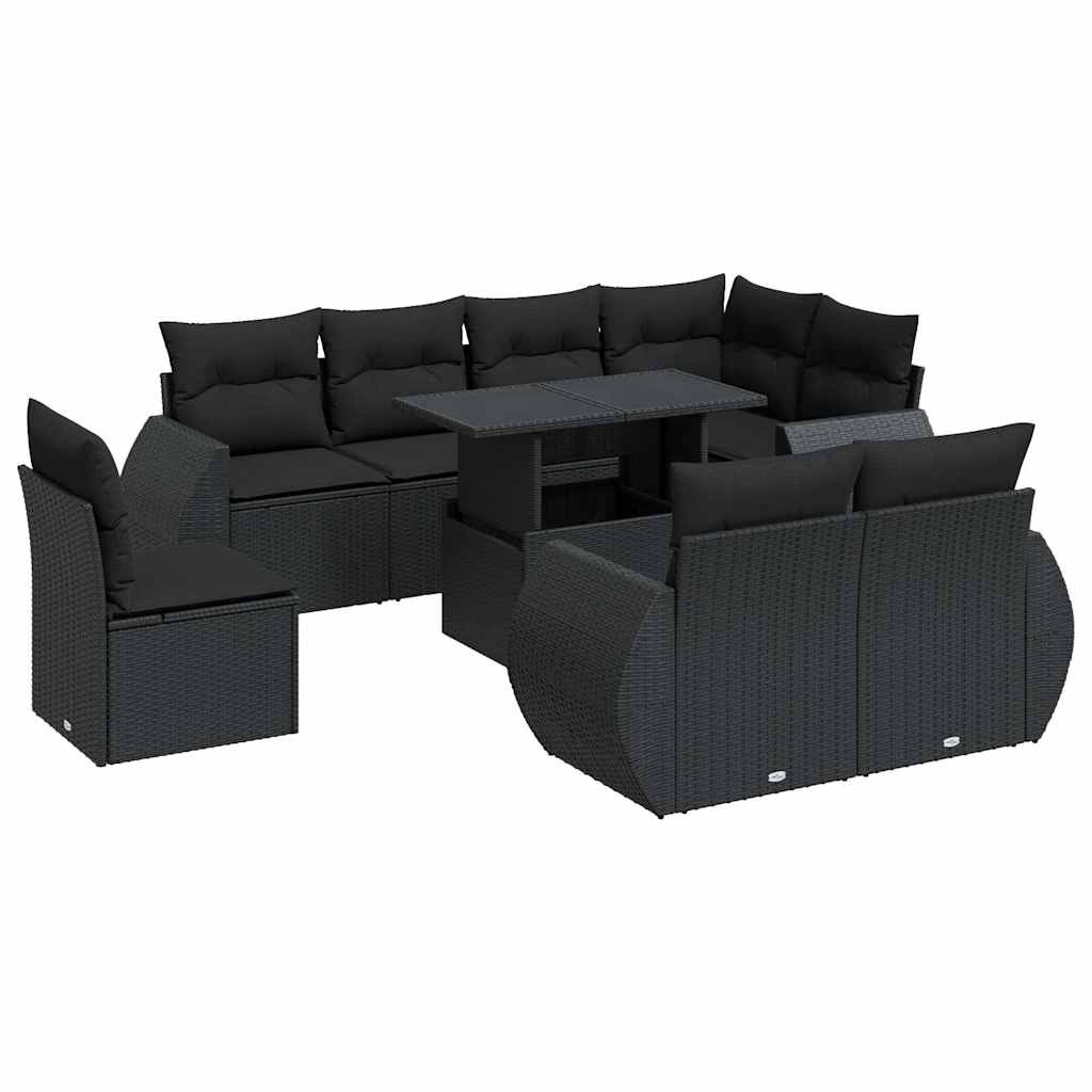 Set Divani da Giardino 9 pz con Cuscini Nero in Polyrattan