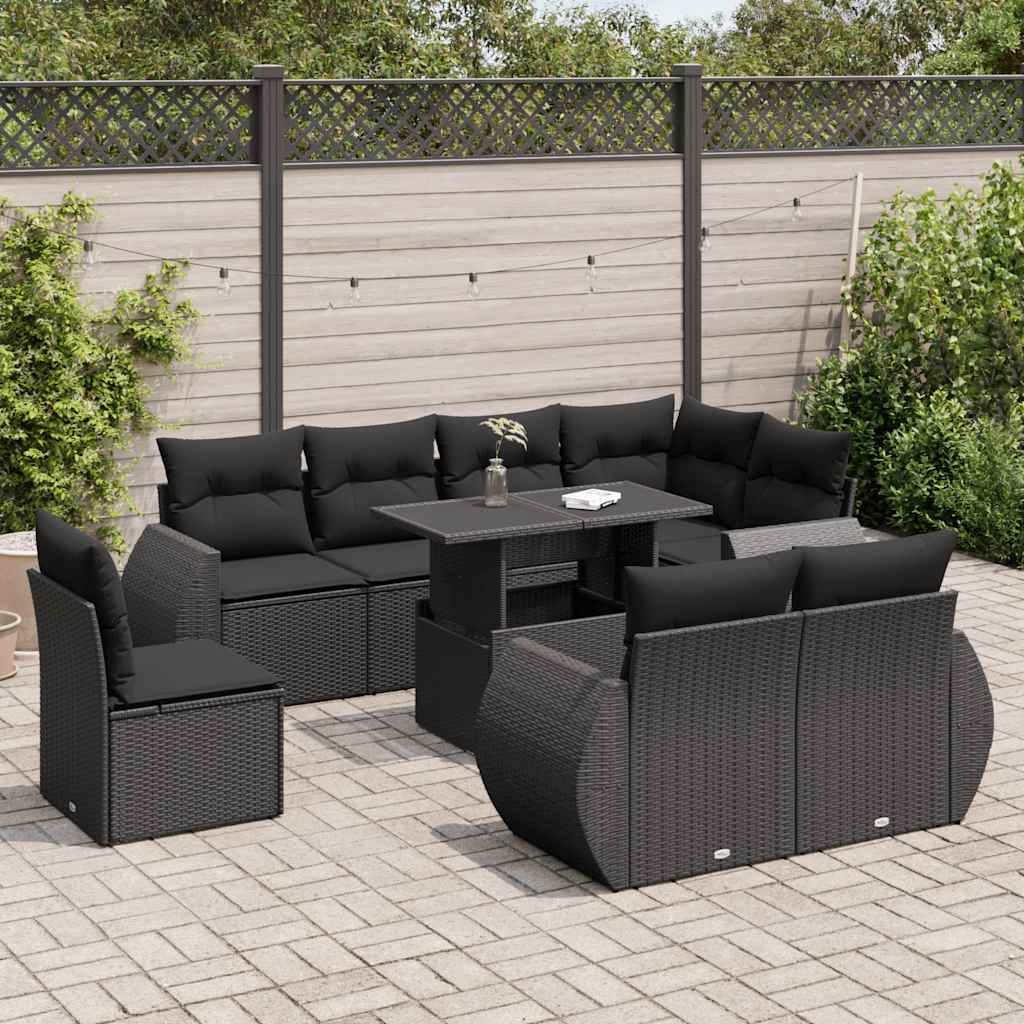 Set Divani da Giardino 9 pz con Cuscini Nero in Polyrattan