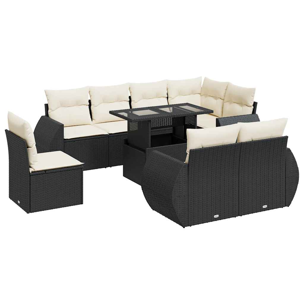 Set Divani da Giardino 9 pz con Cuscini Nero in Polyrattan