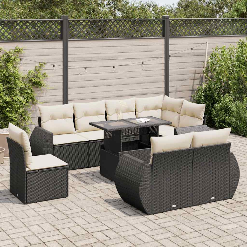 Set Divani da Giardino 9 pz con Cuscini Nero in Polyrattan