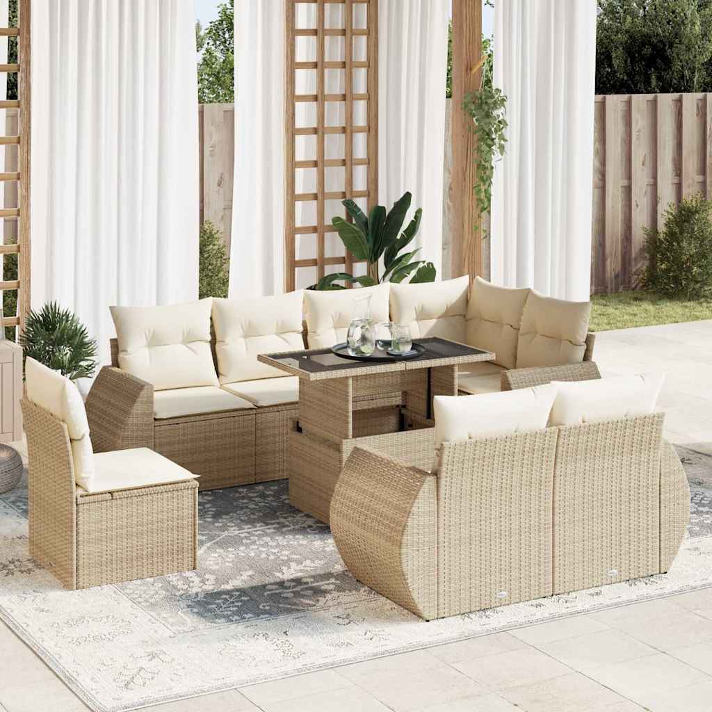 Set Divano da Giardino 9 pz con Cuscini Beige in Polyrattan