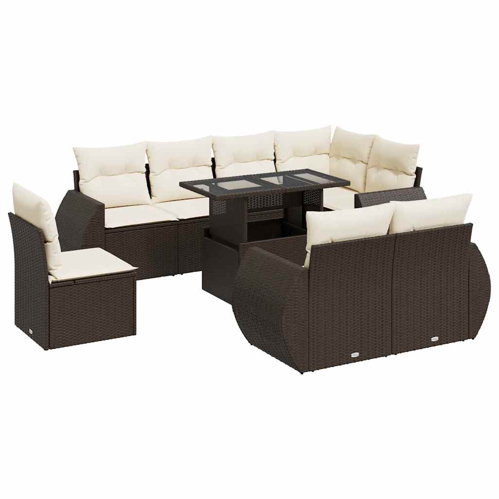 Set Divani da Giardino 9pz con Cuscini Marrone in Polyrattan